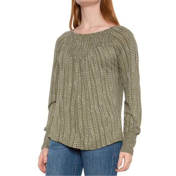 Lucky Brand Tops - Lucky Brand Blouse Long Sleeve Top L Large Sage Green Patterned Shirred Loose